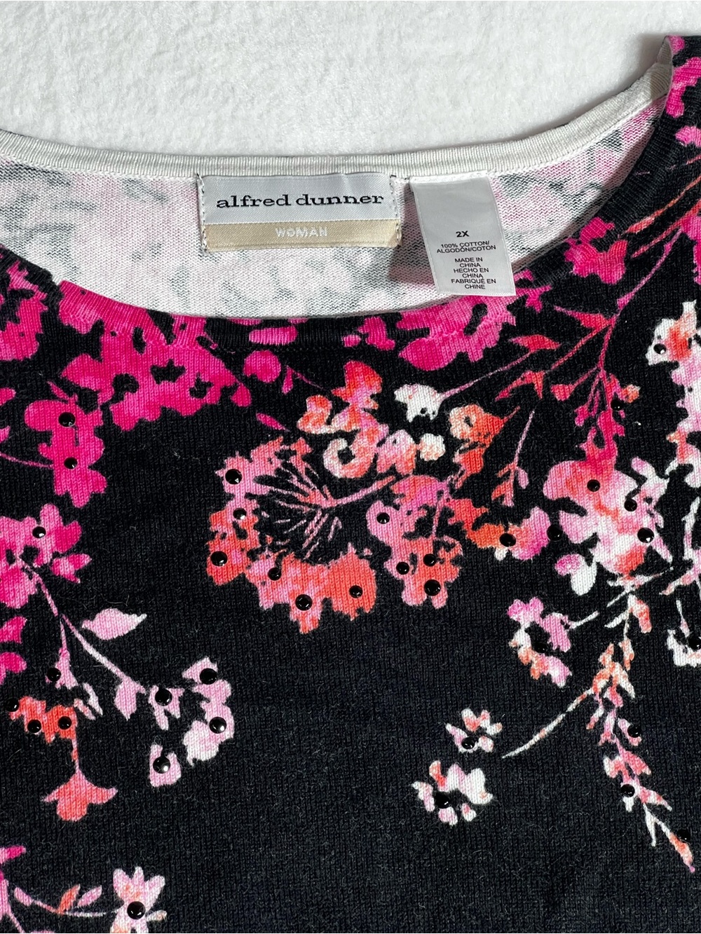 Alfred Dunner Black Crewneck Top with Pink & Coral Floral Print